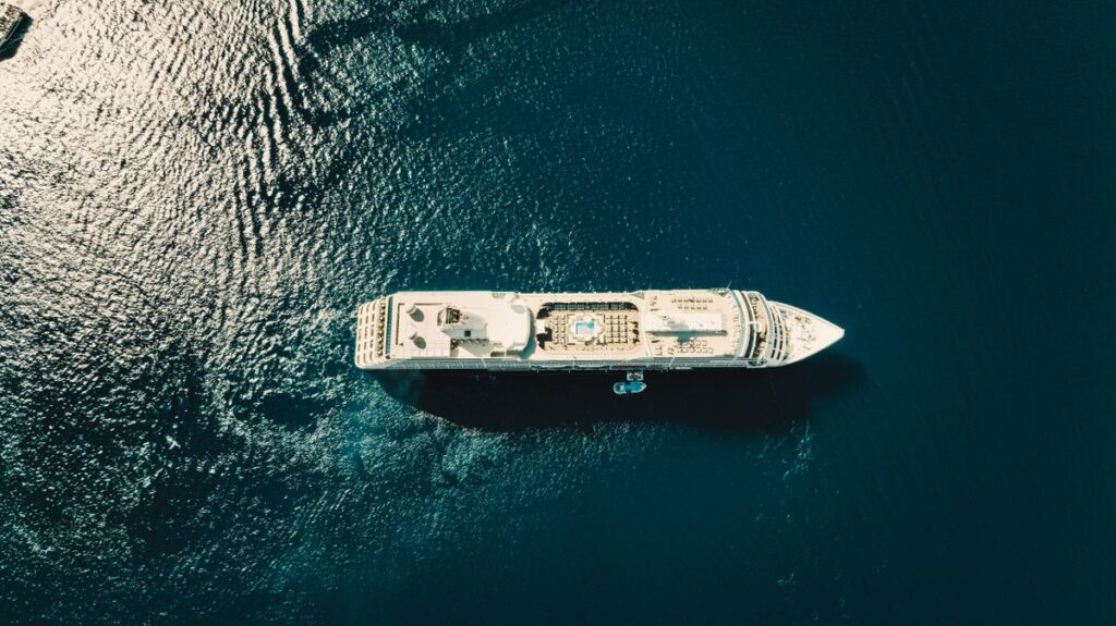 The Channel Crossings That Land You Right on France’s Doorstep Aerial view of a cruise ferry crossing open water