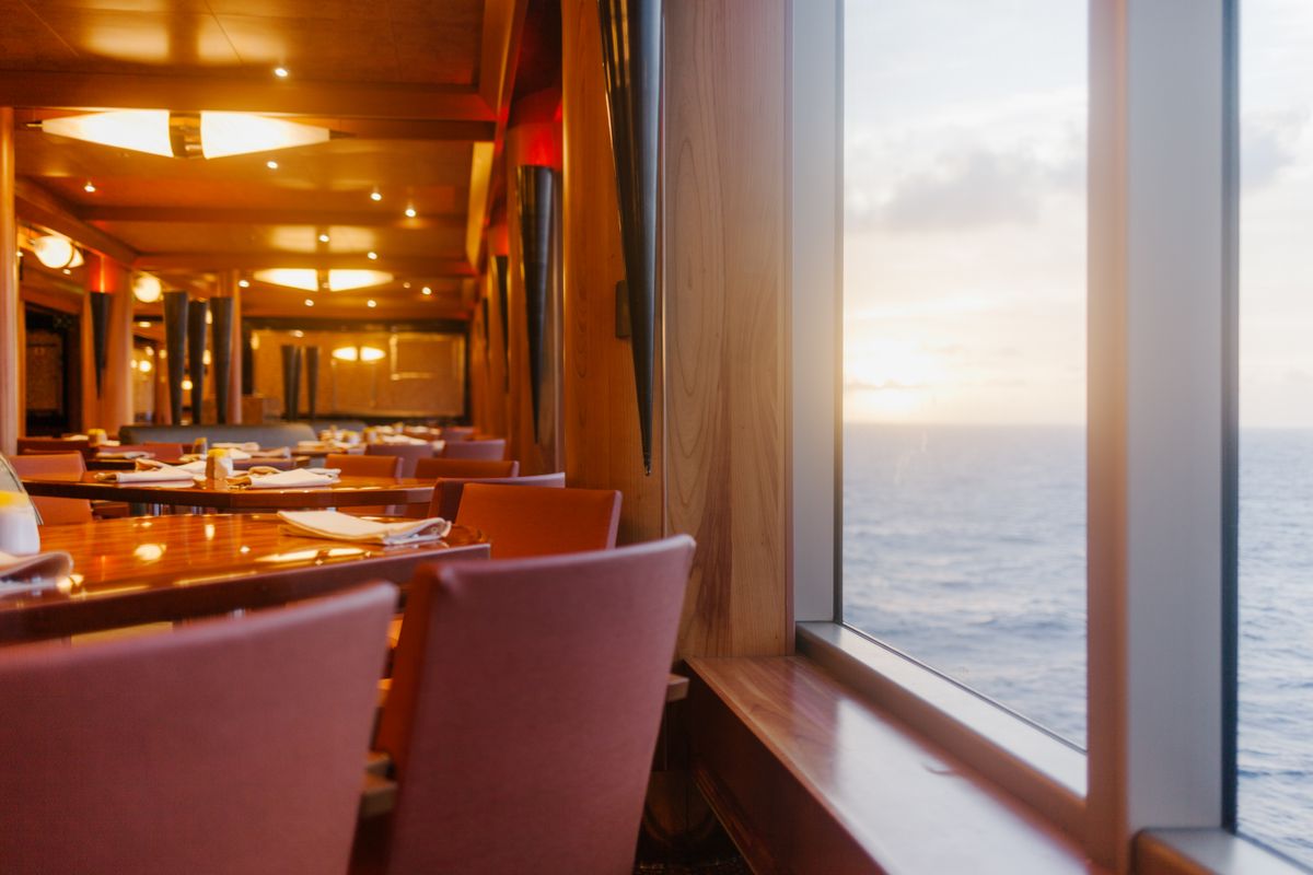 Elegant ship dining room with sea view