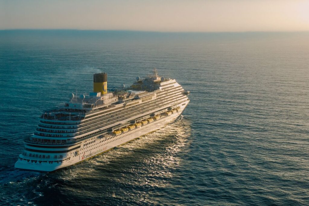 The Overnight Sailings That Turn the Trip to Spain Into a Mini Cruise Cruise ferry sailing at sunset