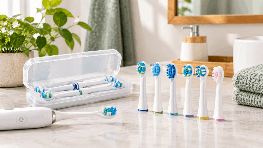 The Replacement Brush Heads Worth Keeping in the Cabinet Replacement brush heads lined up on a bathroom counter beside an open travel case and an electric toothbrush