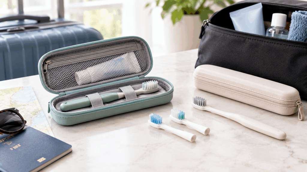 Open travel toothbrush cases on a counter beside a suitcase, passport and toiletry bag