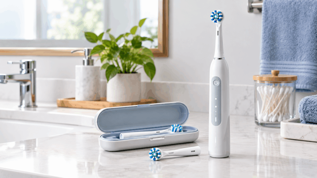 White electric toothbrush standing on a bathroom counter beside an open travel case with two spare brush heads