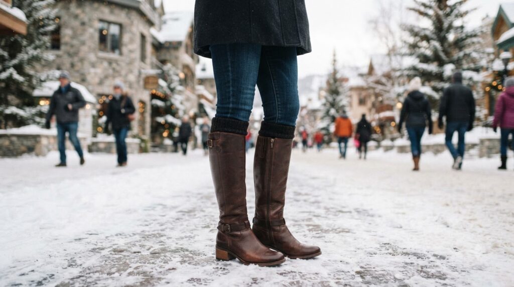 Brown leather knee-high boots with a side zip worn over jeans on a snowy street