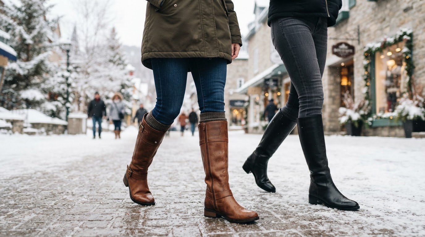 Two pairs of knee-high boots, brown and black, worn over jeans in the snow