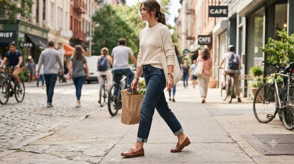 Brown penny loafers worn with cuffed jeans on a city street