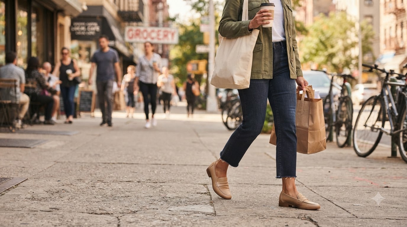 Nude leather loafers worn with cropped jeans on a pavement